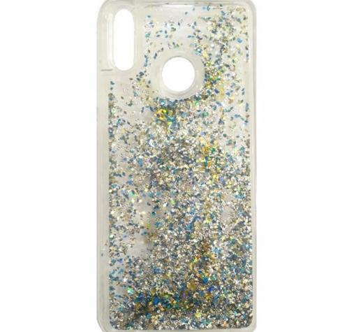 Луксозен твърд гръб 3D Water Case за Huawei P Smart 2019 - прозрачен / течен гръб с брокат / сребристо със синьо и златисто