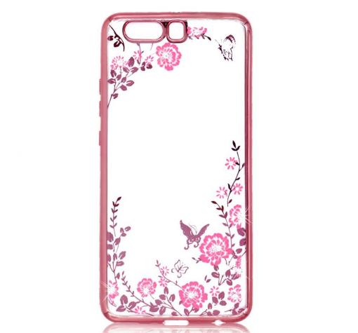 Луксозен силиконов калъф / гръб / TPU с камъни за Huawei Honor 10 - прозрачен / розови цветя / Rose Gold кант