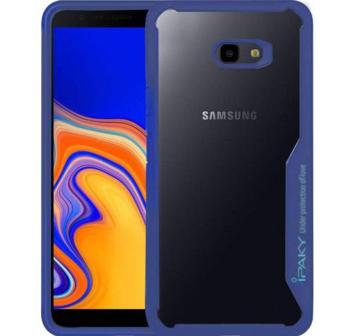 Луксозен твърд гръб IPAKY за Samsung J4 Plus 2018 - прозрачен / силиконов син кант