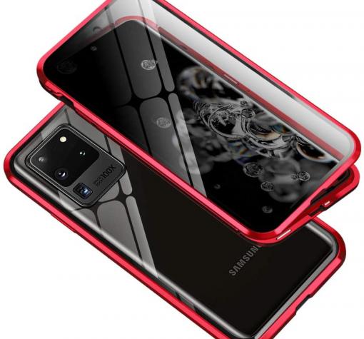 Магнитен калъф Bumper Case 360° FULL за Samsung S20 - прозрачен / червена рамка