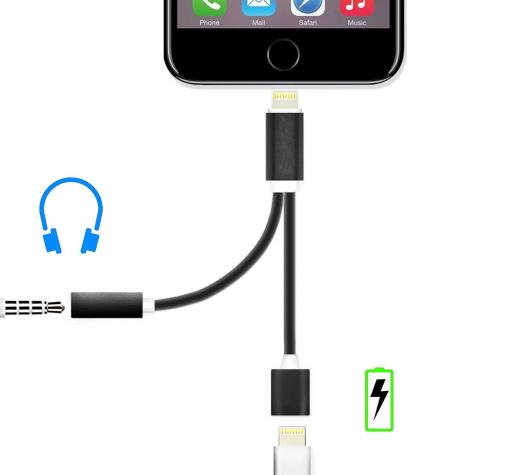 2в1 Lightning Адаптер / черен / към USB 8pin / Audio 3.5mm за iPhone 7G / iPhone 7 Plus / iPad