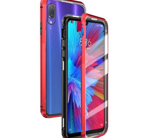 Магнитен калъф Bumper Case 360° FULL за Xiaomi Redmi Note 7 - прозрачен / червена рамка