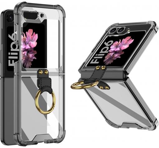 Луксозен удароустойчив гръб / кейс / Ring Case за Samsung Z Flip 6 - черен / прозрачен