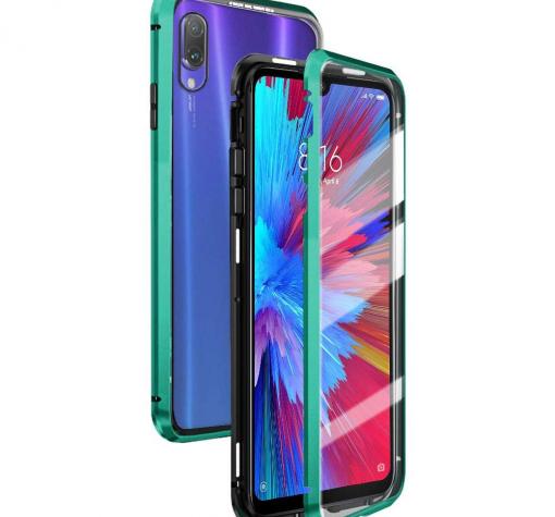 Магнитен калъф Bumper Case 360° FULL за Xiaomi Redmi Note 7 - прозрачен / зелена рамка