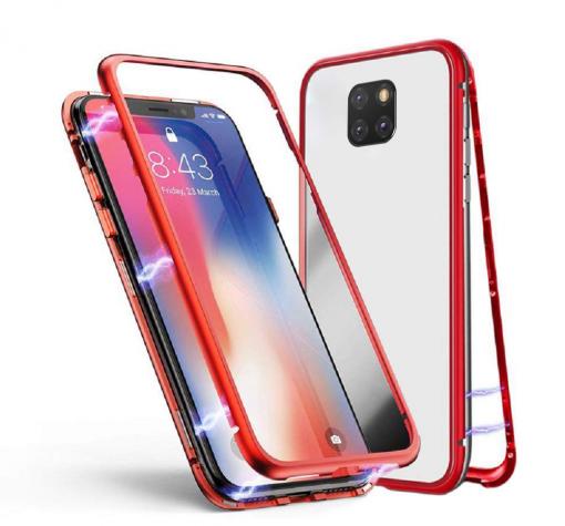 Магнитен калъф Bumper Case 360° FULL за Huawei Mate 20 Pro - прозрачен / червена рамка