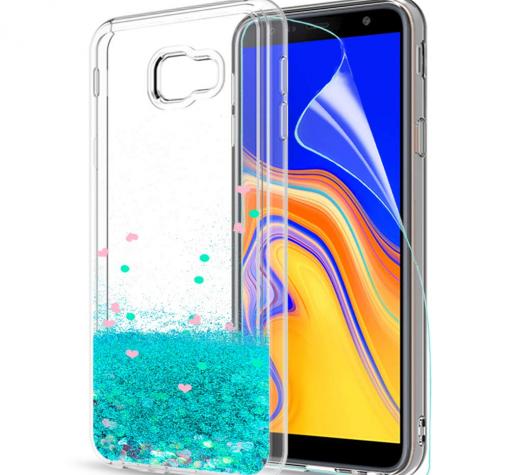 Луксозен твърд гръб 3D Water Case за Samsung J4 Plus 2018 - прозрачен / течен гръб с брокат / тюркоаз