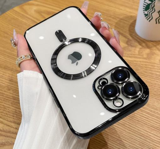Луксозен силиконов калъф / кейс / MagSafe case за Apple iPhone 15 6.1" - прозрачен кейс / черен кант