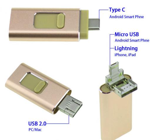 USB Flash памет 4in1 OTG / Type C / Micro USB / iPhone / Android - 128GB / Gold