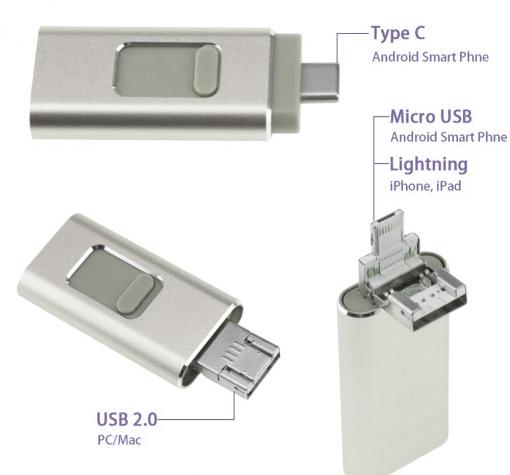 USB Flash памет 4in1 OTG / Type C / Micro USB / iPhone / Android - 64GB / Silver