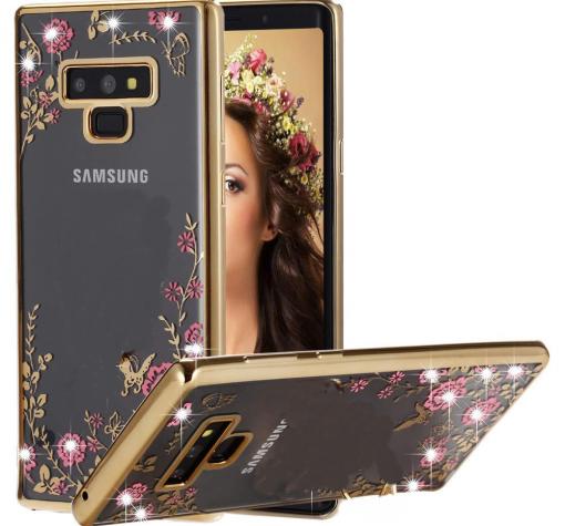 Луксозен силиконов калъф / гръб / TPU с камъни за Samsung Note 9 - прозрачен / розови цветя / златен кант