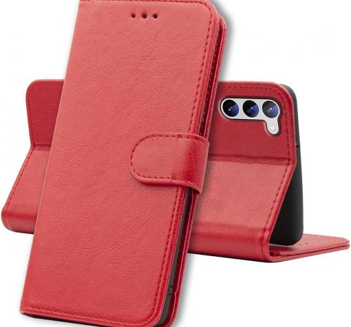 Кожен калъф Flip тефтер със стойка и слот за карти за Samsung S23 Ultra - тъмно червен