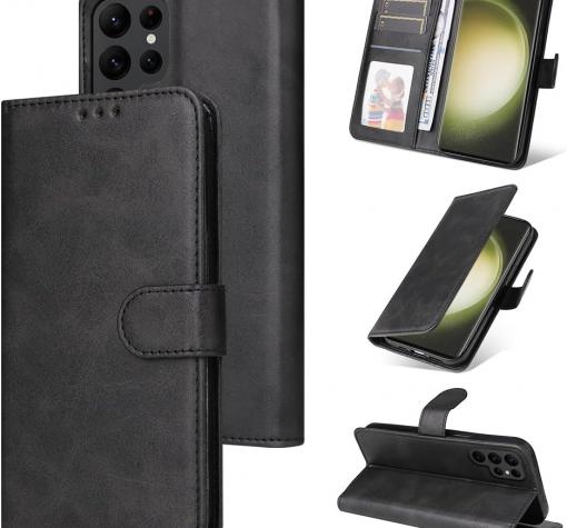 Кожен калъф Flip тефтер със стойка и слот за карти за Samsung S23 Ultra - черен