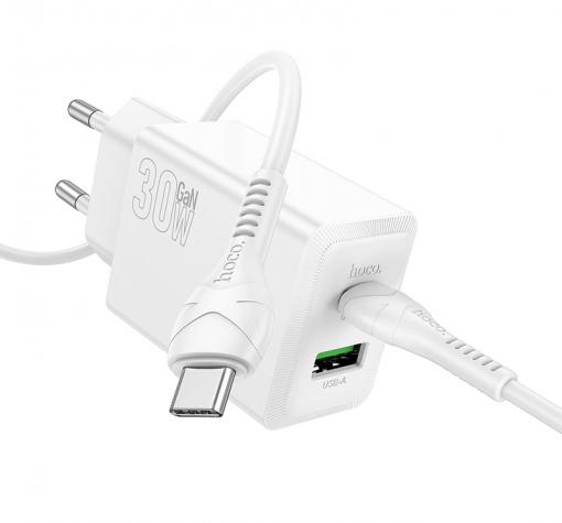 Зарядно устройство HOCO N71 220V 30W / 2 port USB / кабел Type C-Type C - бял