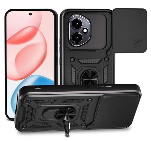 Удароустойчив гръб TPU кейс Slide Camera Case Magnetic Finger Ring Car Holder за Honor 400 5G - черен