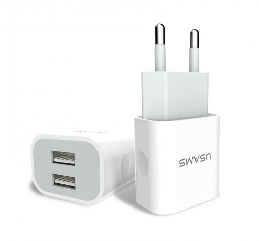 Универсално зарядно устройство USAMS Travel Charger CC023 с 2 USB порта 220V / 2.4A за Samsung, Xiaomi, Lenovo, Apple, LG, HTC, Sony, Nokia, Huawei, ZTE, BlackBerry и др. - бяло