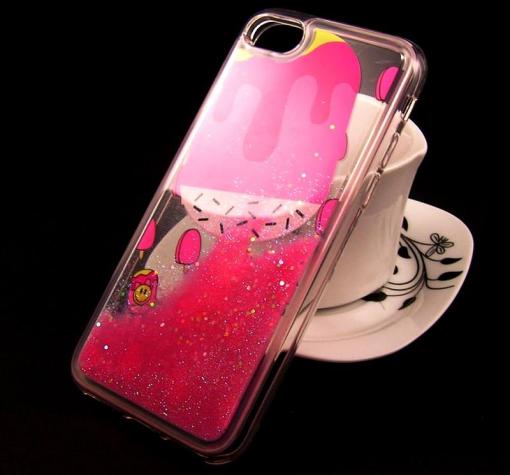 Луксозен твърд гръб 3D за Apple iPhone 6 / Apple iPhone 6S - прозрачен / розов брокат / сладолед