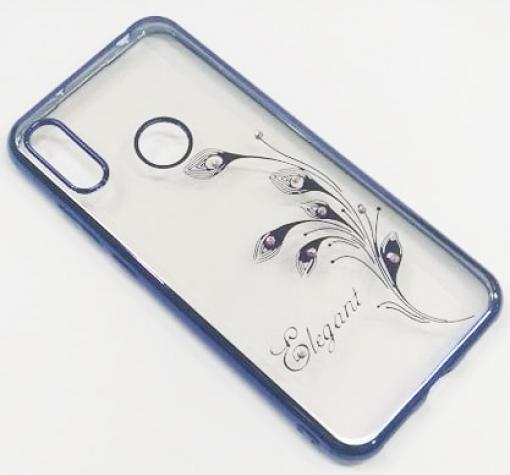 Луксозен силиконов калъф / гръб / TPU / Elegant с камъни за Huawei Y7 2019 - прозрачен със син кант / перо