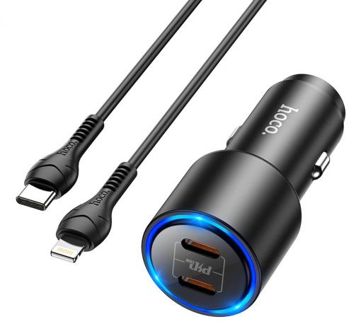 Зарядно за кола HOCO NZ3 / Dual USB / Type-C to Lightning Quick Car Charger QC3.0 - черно