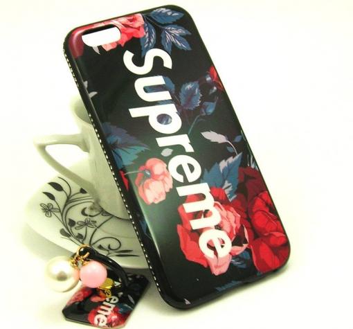 Луксозен твърд гръб със стойка за Apple iPhone 6 / iPhone 6S - черен / цветя / Supreme