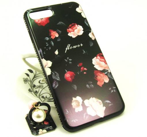 Луксозен твърд гръб със стойка за Apple iPhone 7 Plus / iPhone 8 Plus - черен / цветя / Flower