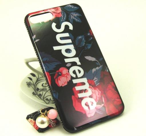 Луксозен твърд гръб със стойка за Apple iPhone 7 Plus / iPhone 8 Plus - черен / цветя / Supreme