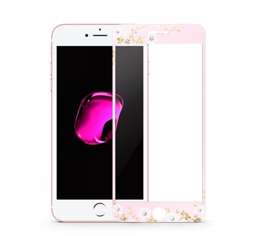 Стъклен скрийн протектор / 9H HD Full Tempered Glass Film Kauaro Swarovski Screen Protector / за дисплей нa Apple iPhone 7 - розов / бели цветя