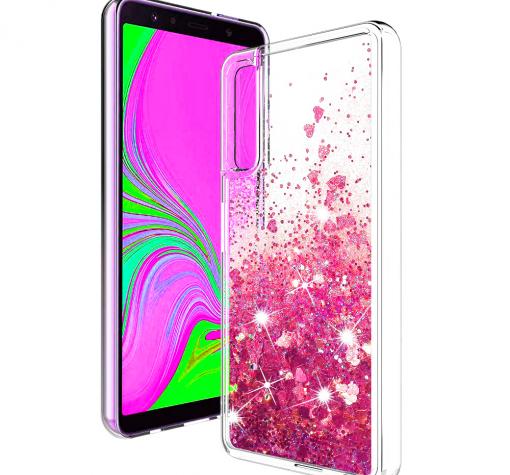 Луксозен твърд гръб 3D Water Case за Huawei Nova 5T / Honor 20 - прозрачен / течен гръб с брокат / сърца / розов