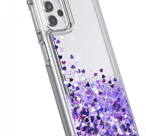 Луксозен твърд гръб 3D Water Case за Samsung A02s - прозрачен / течен гръб / сърца / лилав брокат