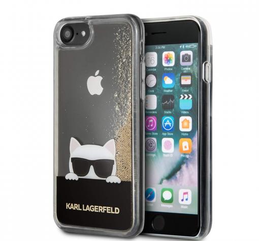 Оригинален калъф / твърд гръб / 3D KARL LAGERFELD Choupette Sunglasses Liquid Glitter Case за Apple iPhone 7 / iPhone 8 - прозрачен / златист брокат / Cat