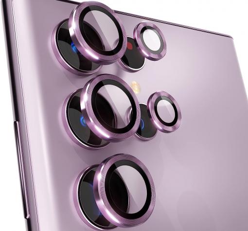 3D стъклен протектор с метални рингове за задна камера за Samsung S23 Ultra - лилав