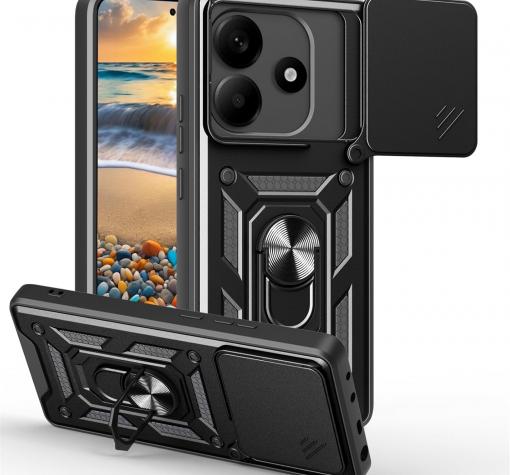 Удароустойчив гръб TPU кейс Slide Camera Case Magnetic Finger Ring Car Holder за Xiaomi Redmi Note 14 - черен