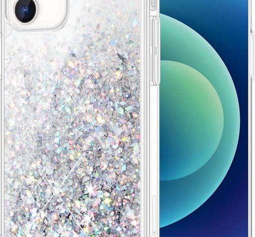 Луксозен твърд гръб / кейс / 3D Water Case за Apple iPhone 12 /12 Pro 6.1'' - прозрачен / течен гръб с брокат / сребрист