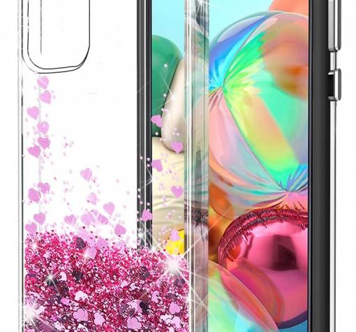 Луксозен твърд гръб 3D Water Case за Huawei P Smart 2021 - прозрачен / течен гръб с брокат / сърца / розов