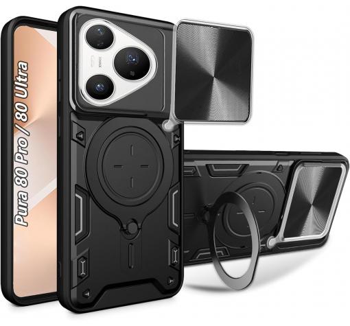 Удароустойчив твърд гръб / Кейс Defender Armor Ring Magnetic Holder lens cover Huawei Pura 80 Ultra 5G / Pura 80 Pro 5G - черен