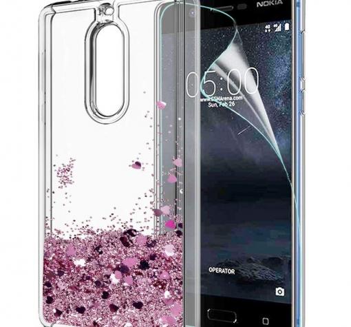 Луксозен твърд гръб 3D Water Case за Nokia 5.1 2018 - прозрачен / течен гръб с розов брокат