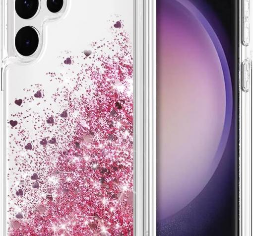 Луксозен твърд гръб / кейс / 3D Water Case за Samsung S23 Ultra 5G - прозрачен кейс с течен брокат / розов