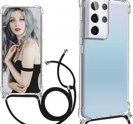 Удароустойчив силиконов калъф / гръб / TPU с връзка за Samsung S21 Ultra - прозрачен / черна връзка
