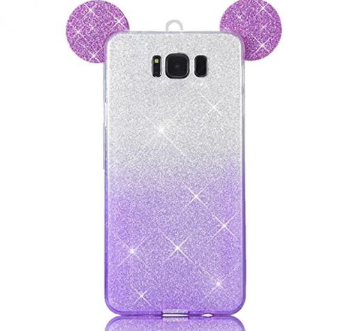 Луксозен силиконов калъф / гръб / TPU 3D за Samsung S8 G950 - преливащ / лилаво и сребрист / брокат / миши ушички / 2в1