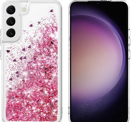 Луксозен твърд гръб / кейс / 3D Water Case за Samsung A14 4G / A14 5G - прозрачен кейс с течен брокат / розов