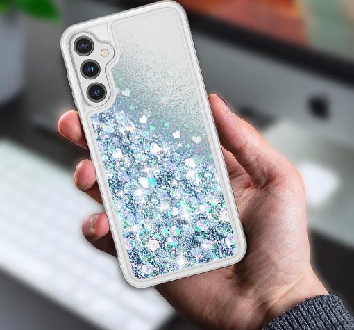 Луксозен твърд гръб / кейс / 3D Water Case за Samsung S22 - прозрачен / течен гръб с брокат / сребрист