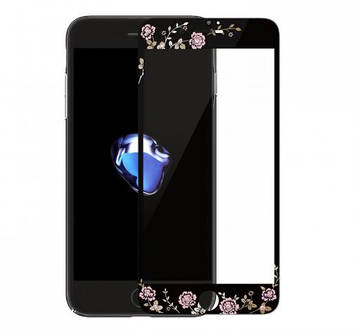 Стъклен скрийн протектор / 9H HD Full Tempered Glass Film Kauaro Swarovski Screen Protector / за дисплей нa Apple iPhone 6 / iPhone 6S - черен / бели цветя