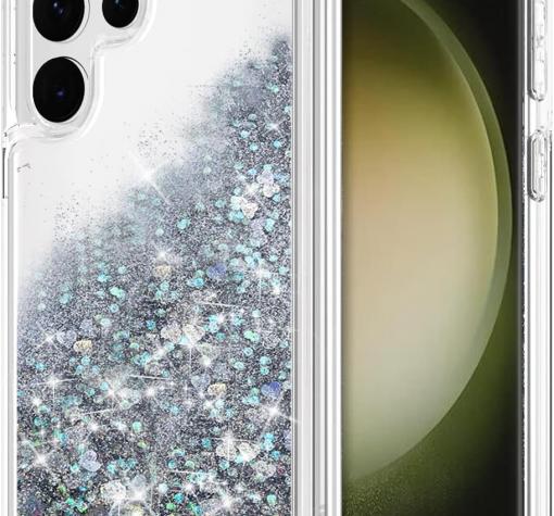 Луксозен твърд гръб / кейс / 3D Water Case за Samsung S23 Ultra 5G - прозрачен кейс с течен брокат / сребрист