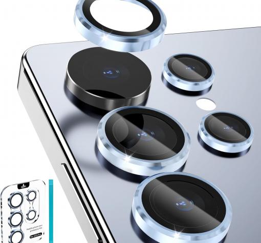 Стъклен протектор с метални рингове за задна камера за Samsung S25 Ultra - син