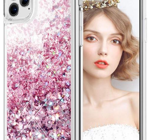 Луксозен твърд гръб 3D Water Case за Apple iPhone 11 - прозрачен / течен гръб с розов брокат