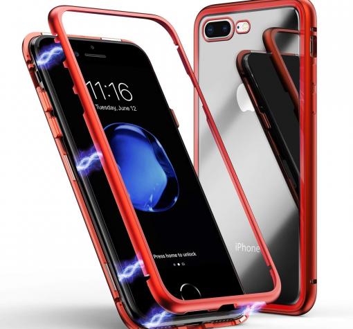 Магнитен калъф Bumper Case 360° FULL за Apple iPhone 7 Plus / iPhone 8 Plus - прозрачен / червена рамка