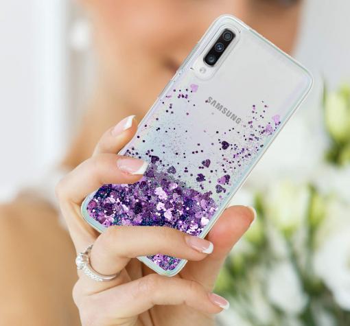 Луксозен твърд кейс 3D Water Case за Samsung A70 - прозрачен / течен гръб с брокат / лилав