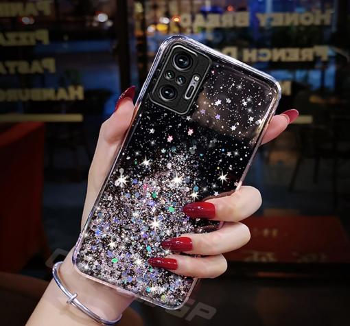 Силиконов калъф / кейс / TPU Brillant Clear Case за Xiaomi Redmi Note 9 Pro 5G / Mi 10T Lite 5G - прозрачен / черен брокат