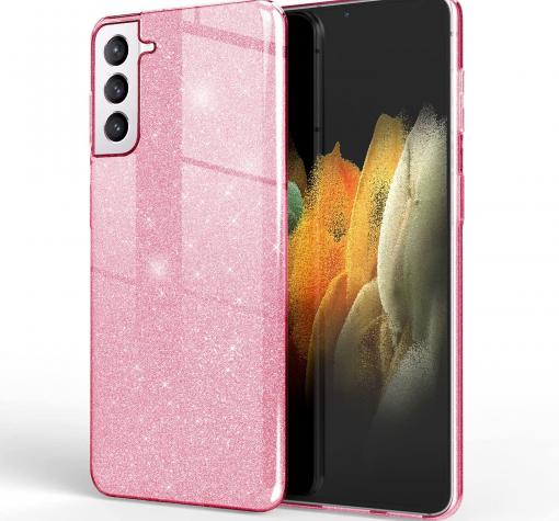 Силиконов калъф / гръб / TPU за Samsung S21 Plus - розов / брокат