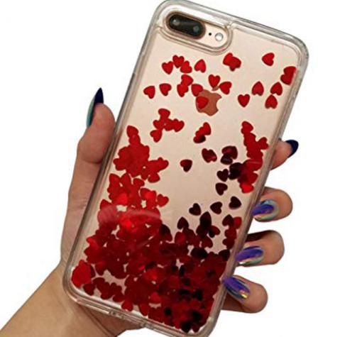 Луксозен твърд гръб 3D за Apple iPhone 7 / iPhone 8 - прозрачен / червен брокат / сърца