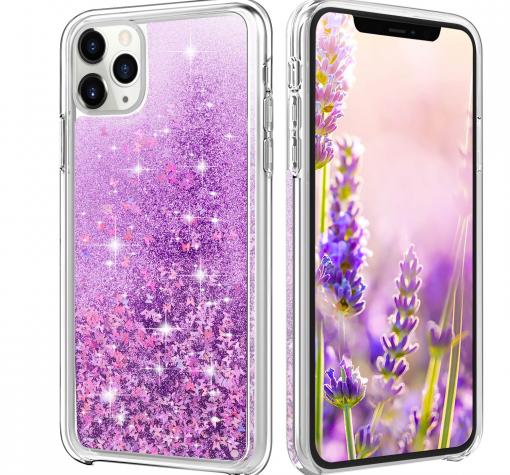 Луксозен твърд гръб 3D Water Case за Apple iPhone 11 Pro Max - прозрачен / течен гръб с лилав брокат